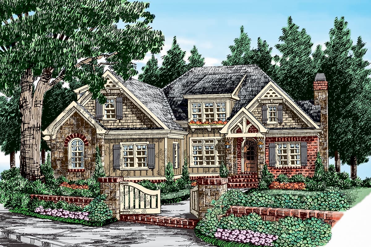 Craftsman style house plan exterior with stone and brick facade, dormers, gables, and covered entry.