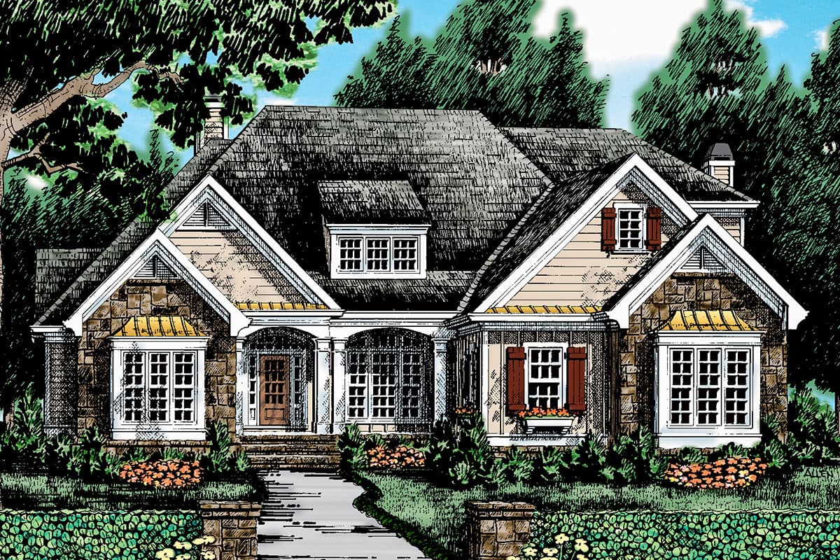 House plan exterior: One-story home with stone accents, arched portico, multiple gables, dormer window, and decorative shutters.