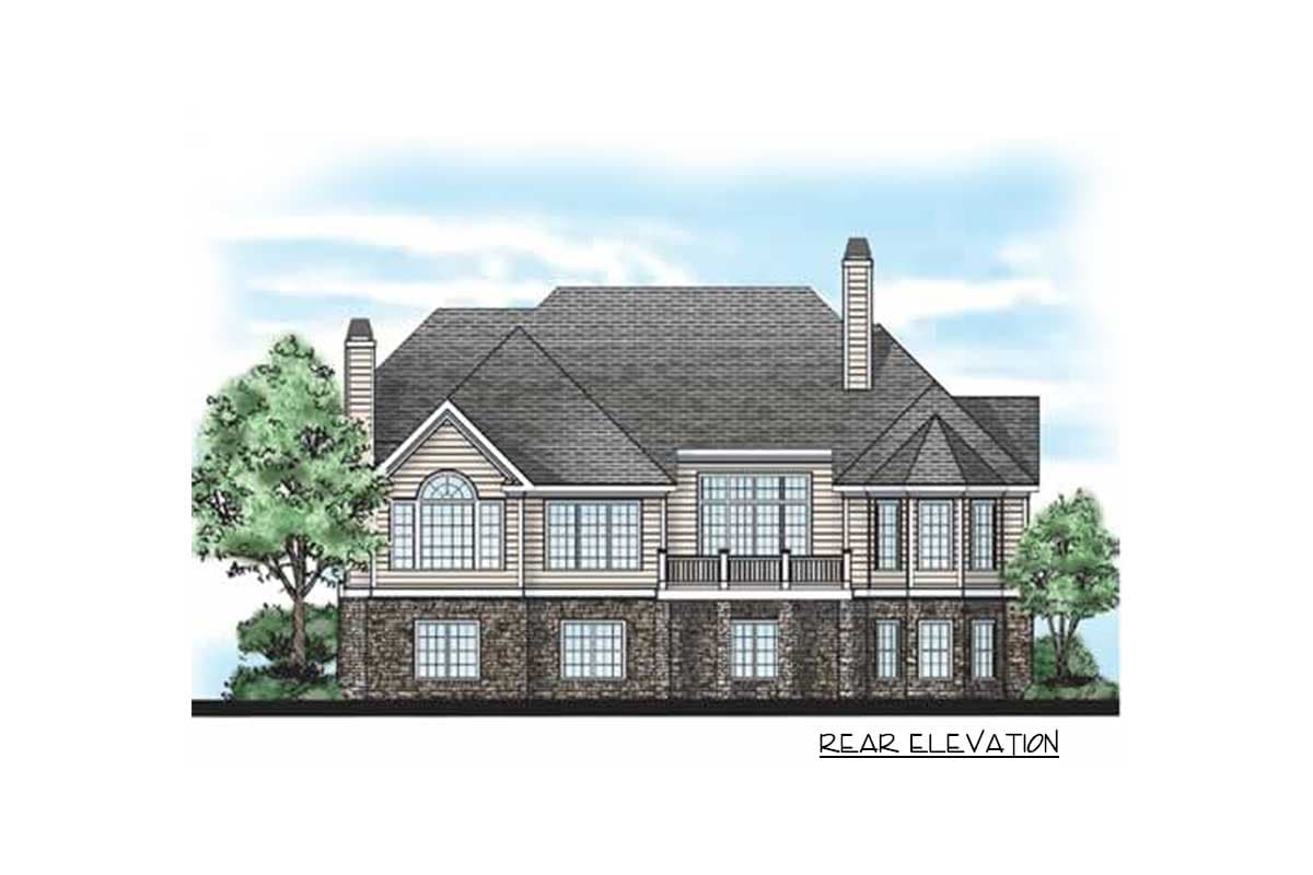 Rear elevation house plan with stone base, multiple gables, arched window, second-story balcony, and chimneys.