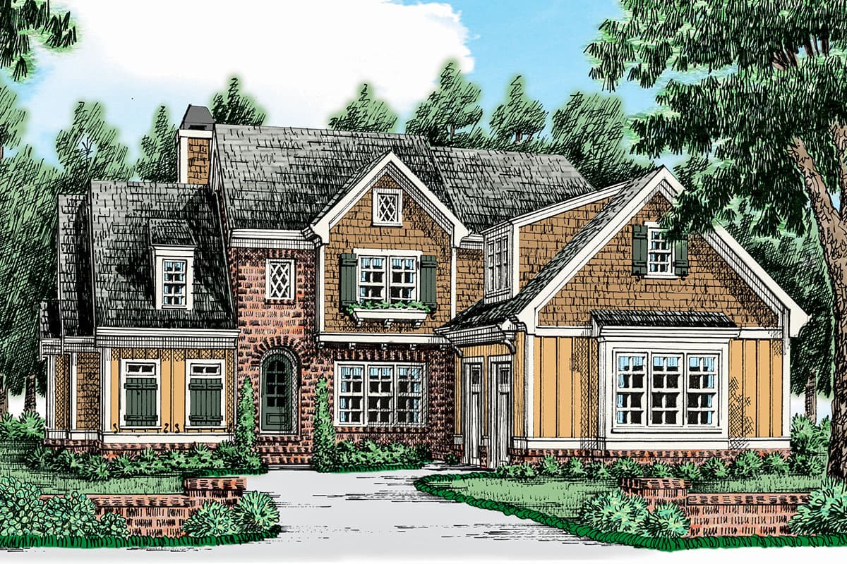 House plan exterior. Two-story Colonial with gabled roof, brick facade, and multiple dormers. Features a covered entry and wood siding.