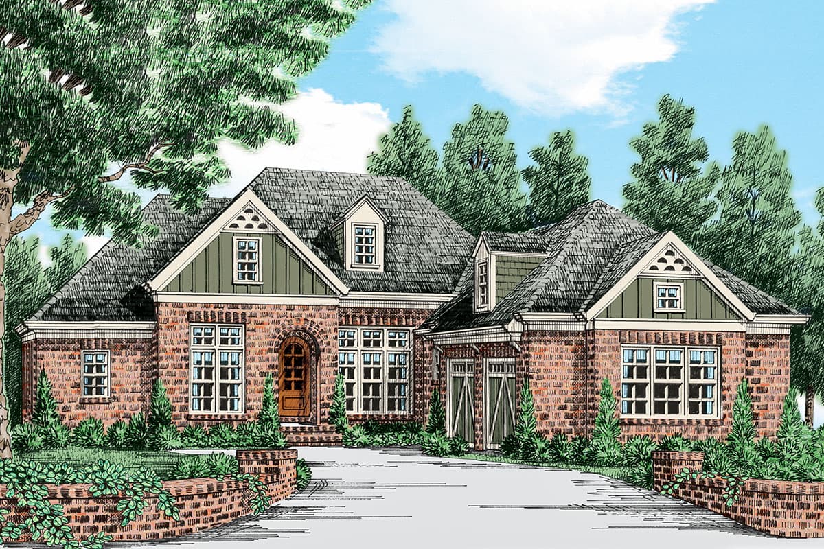 House plan exterior drawing of a one-story brick house with a prominent arched entry, dormers, and a detached garage with carriage doors.