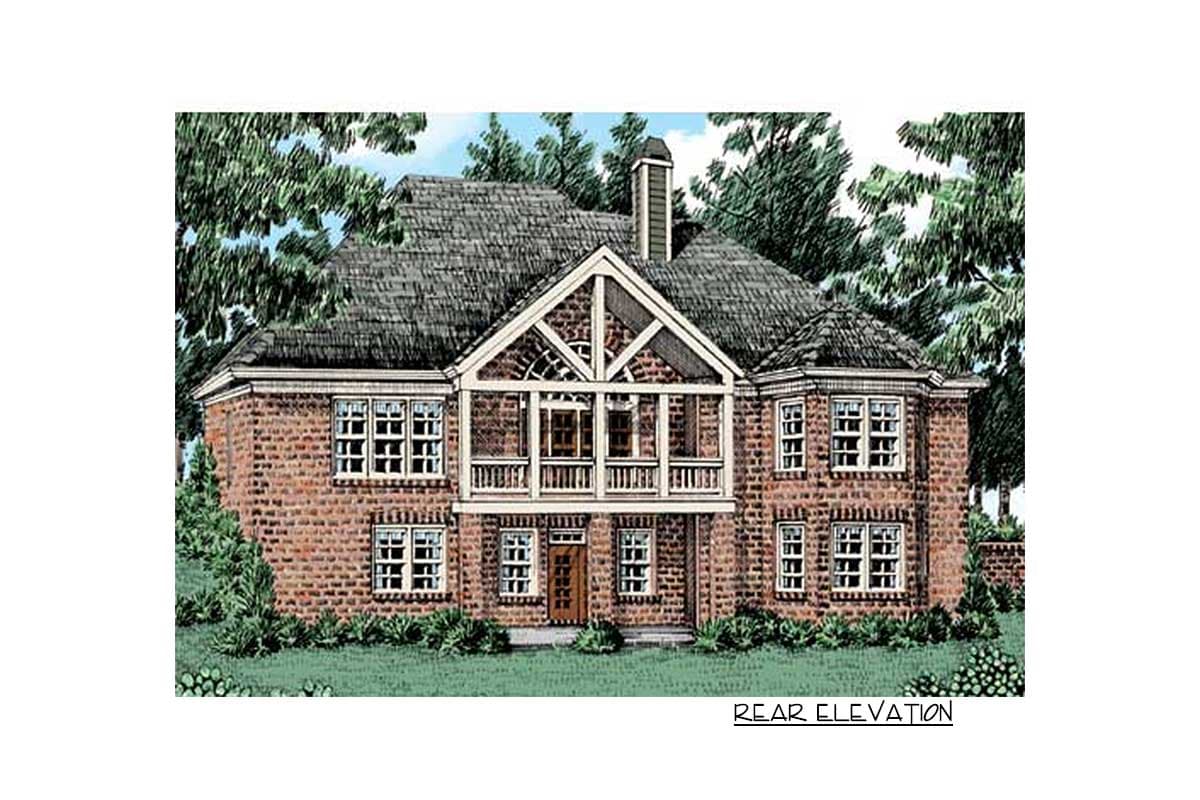 Rear elevation of a two-story brick house plan featuring a covered balcony, prominent gable with decorative wood detailing, and multiple windows.