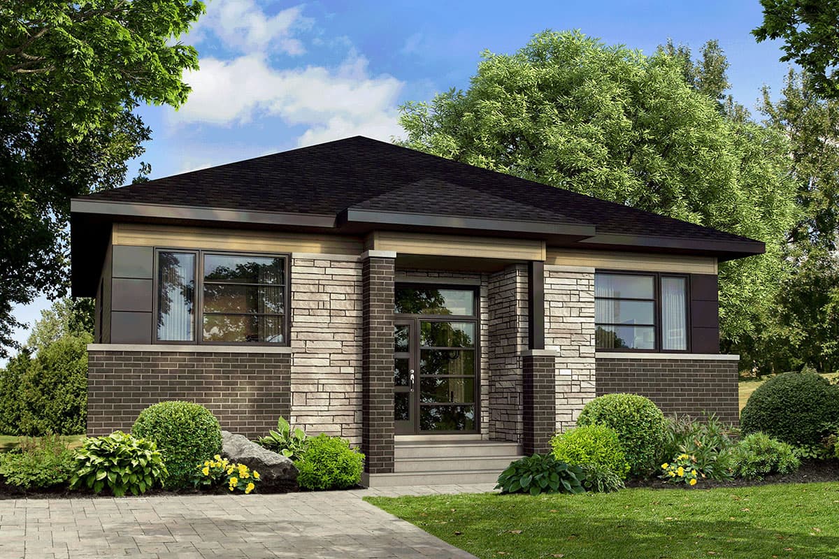 House plan exterior. Modern style, single-story home with brick and stone veneer, flat roof, and covered entry.