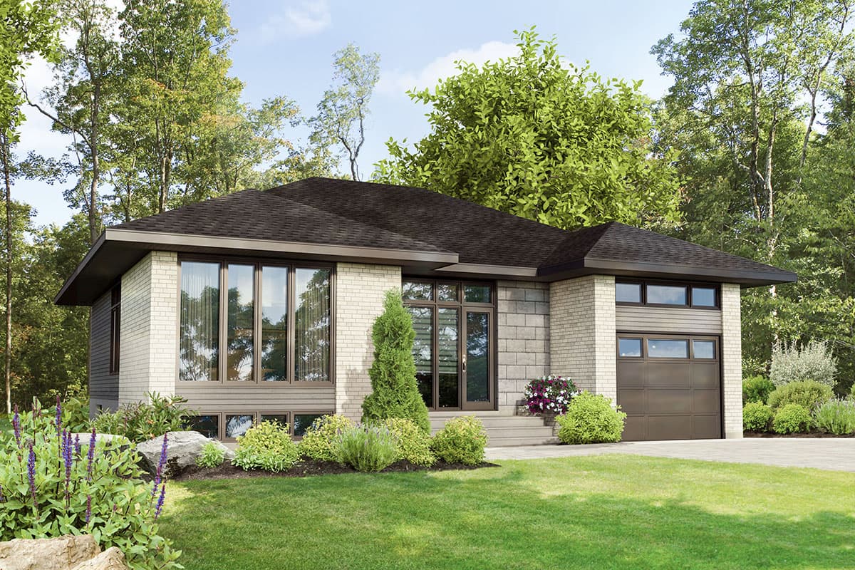 House plan exterior with flat roof, brick and siding facade, and attached garage. Large windows and a covered entrance are also visible.
