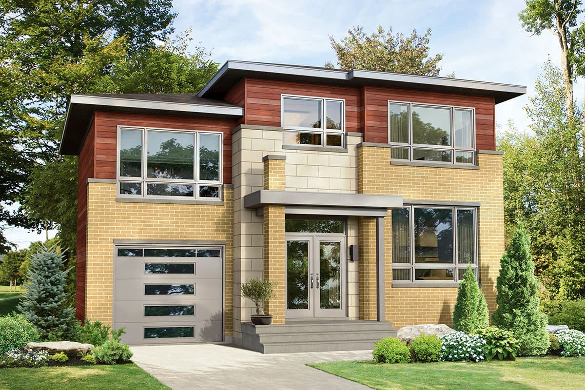 House plan exterior. Two-story, Modern style home with flat roof, brick facade, and attached garage. Includes large windows and covered entry.