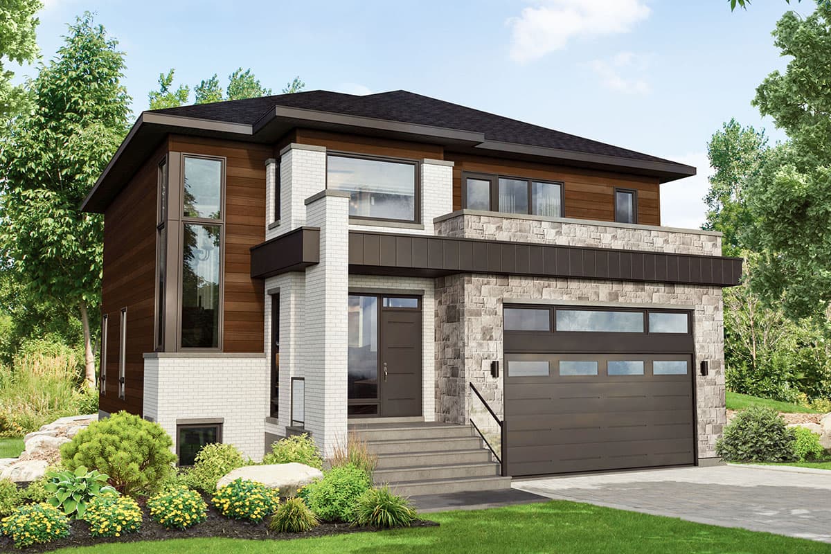 House plan exterior. Modern two-story home with a stone and wood facade. Features include a front-facing garage, large windows, and a flat roofline.