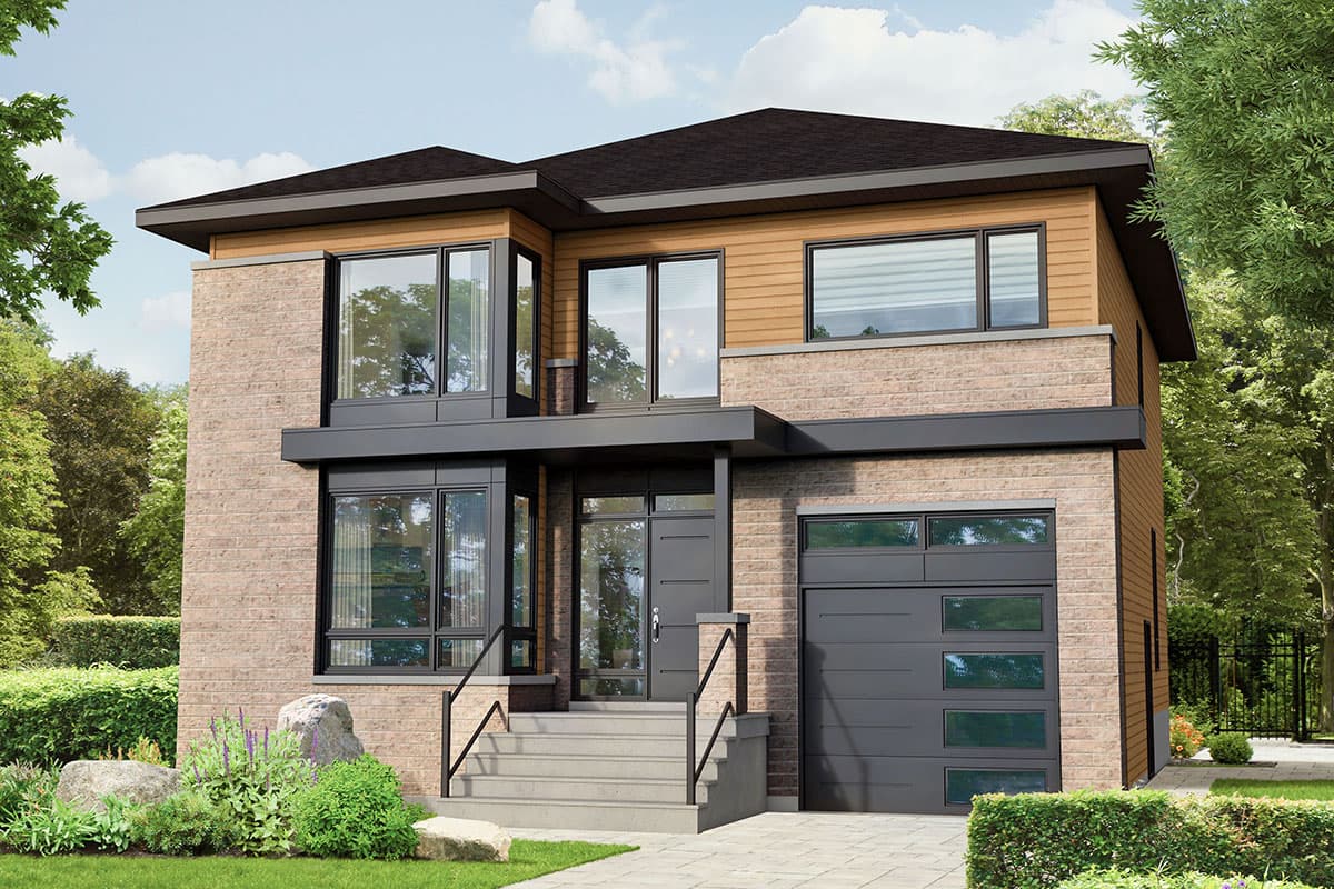 House plan exterior with two stories. Modern style with brick facade, flat roof, and attached garage. Large windows and a front entry porch.