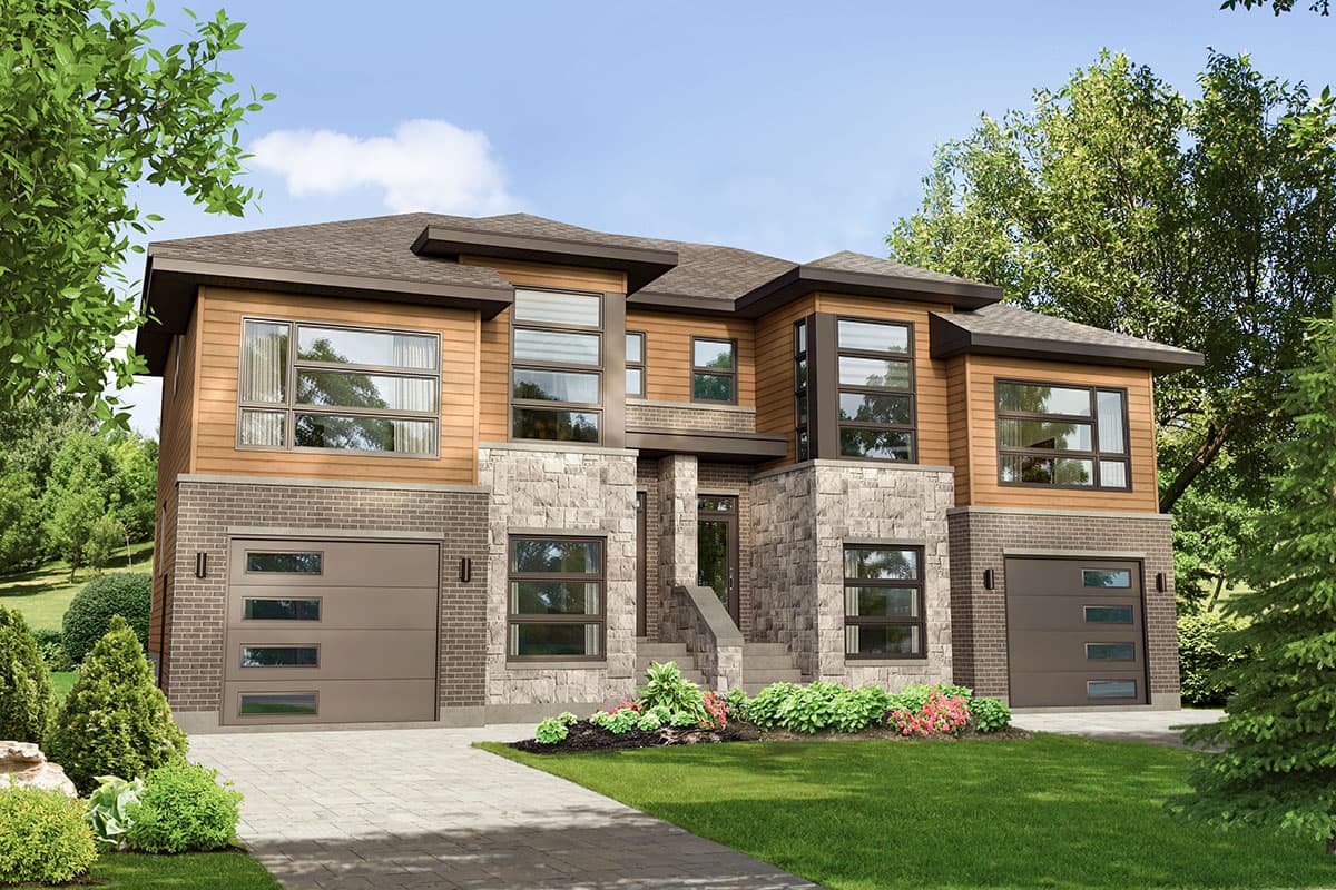 House plan exterior: Modern two-story home with stone and wood siding, large windows, and two garages.