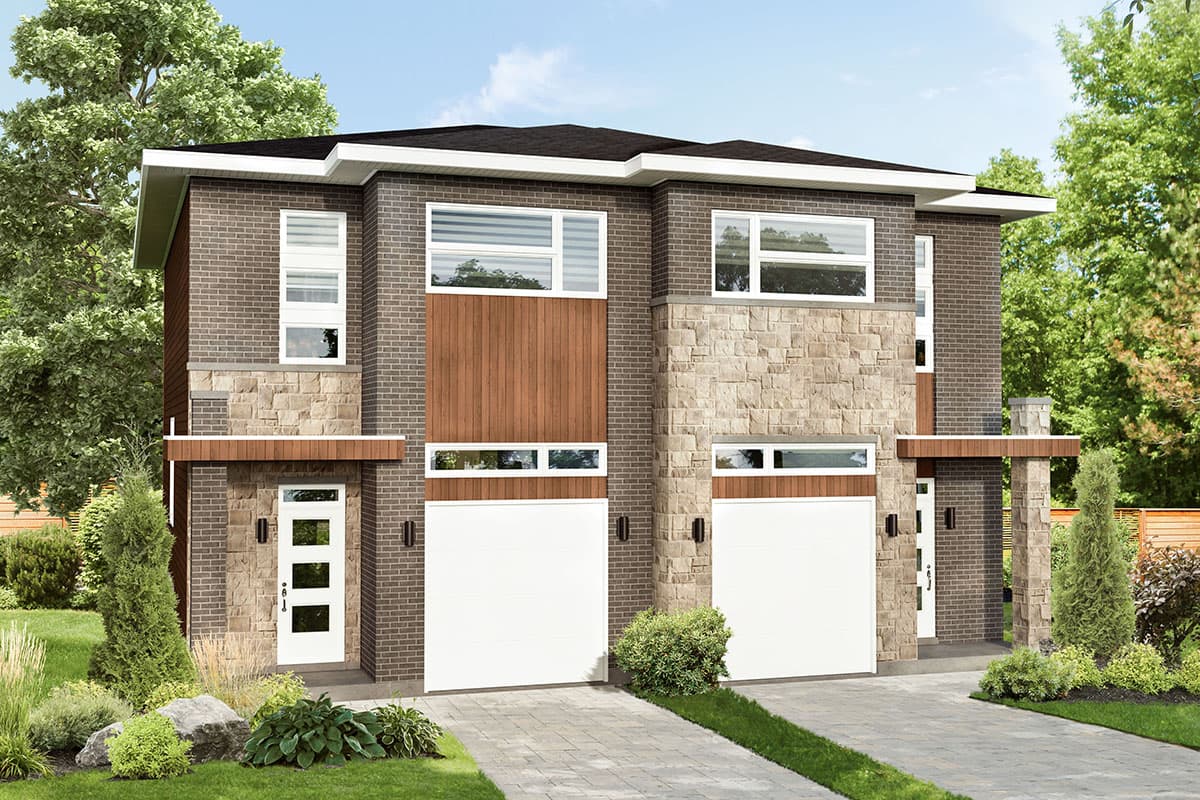 Two-story house plan exterior with modern design. Features include brick and stone facade, flat roof, wood accents, and attached garages.
