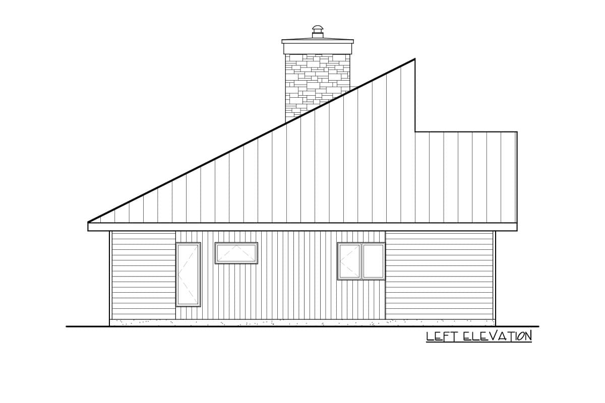 Left elevation house plan drawing showing a modern asymmetrical roofline, siding, windows, and a prominent stone chimney.