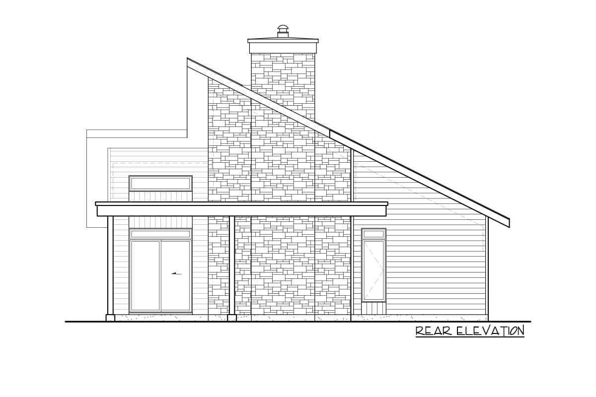 Rear elevation drawing of a house plan with a prominent stone chimney, asymmetrical rooflines, and horizontal siding.