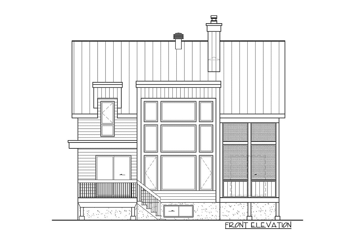 Front elevation drawing showing a two-story house plan with a prominent window wall, covered porch, and screened porch.