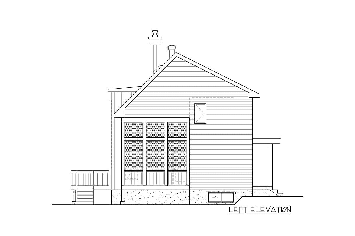 Left elevation drawing of a house plan with gabled roof, chimney, screened porch, and deck.