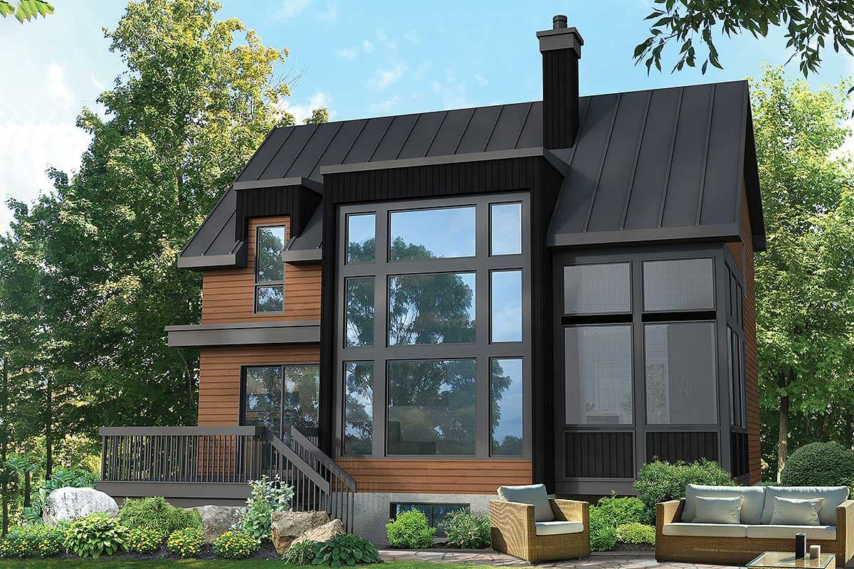 House plan exterior with two stories. Features include a modern design, metal roof, large windows, dormer, and deck with stairs.