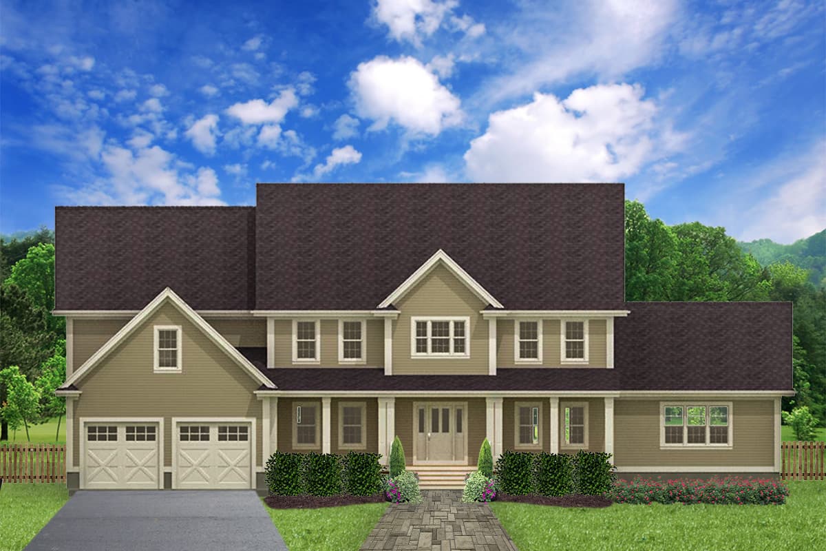House plan exterior. Two-story home with a gabled roof, front porch, and attached two-car garage. Windows have white trim; the siding is light green.