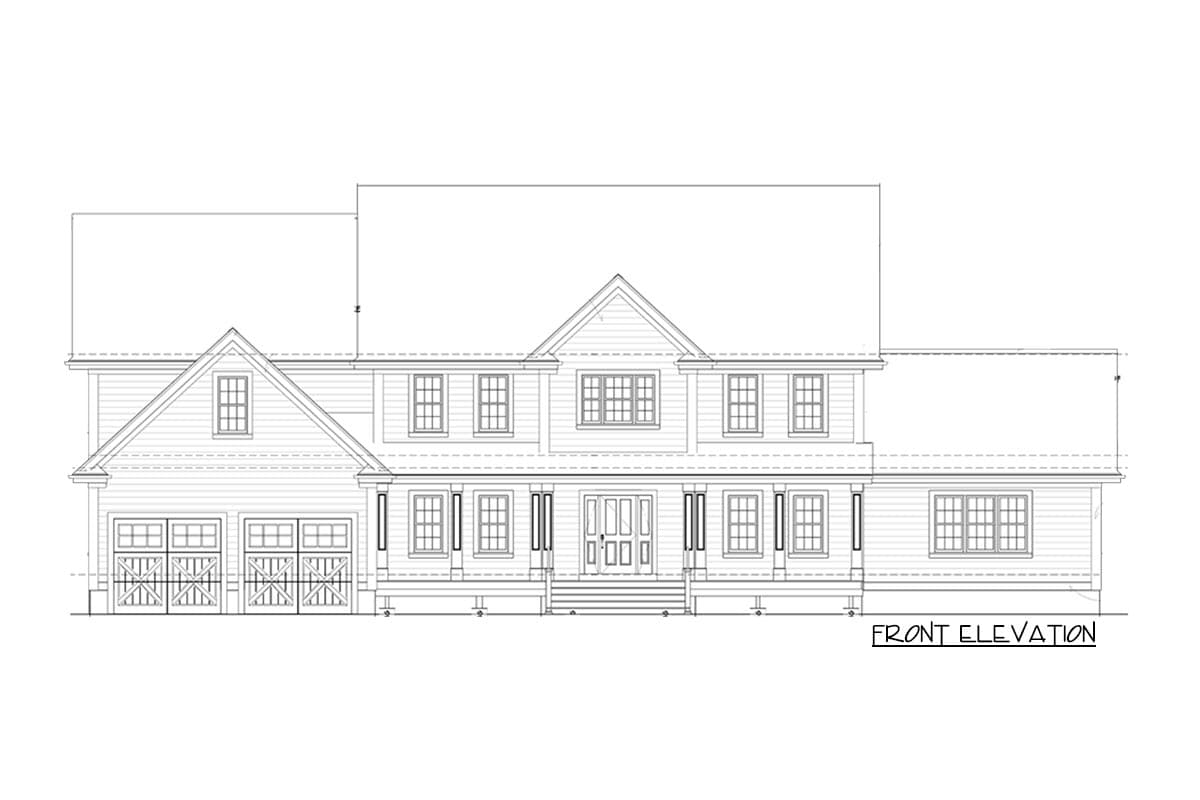 Front elevation drawing of a two-story house with a prominent gable, central dormer, and attached three-car garage.