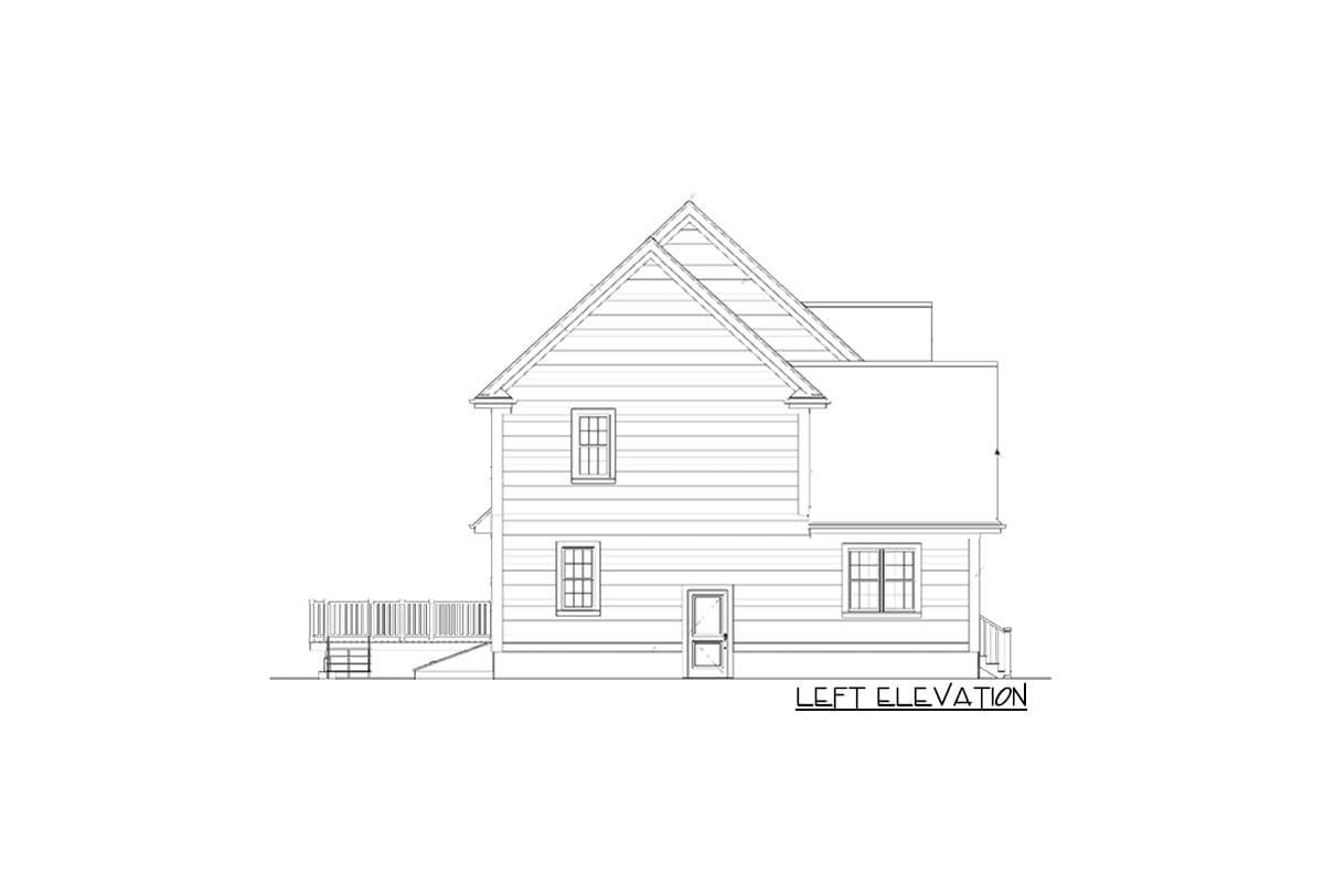 Left elevation drawing of a two-story house plan with gables, a deck, and multiple windows.