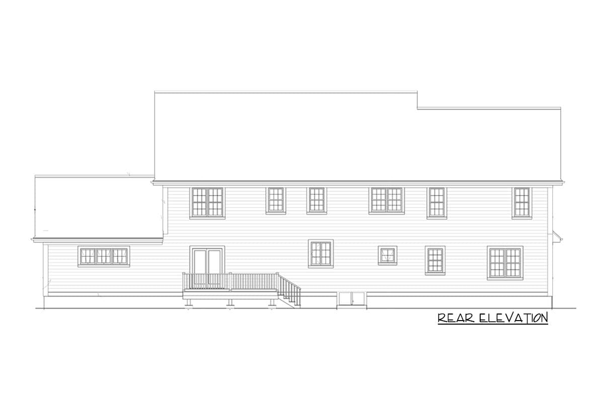 Rear elevation drawing of a two-story house with double doors leading to a deck, numerous windows, and horizontal siding.