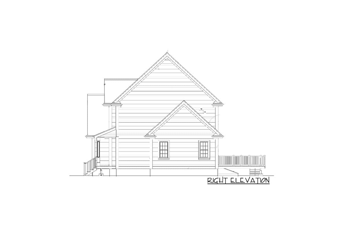 Right elevation house plan showing a two-story home with gables, dormers, porch, and deck.