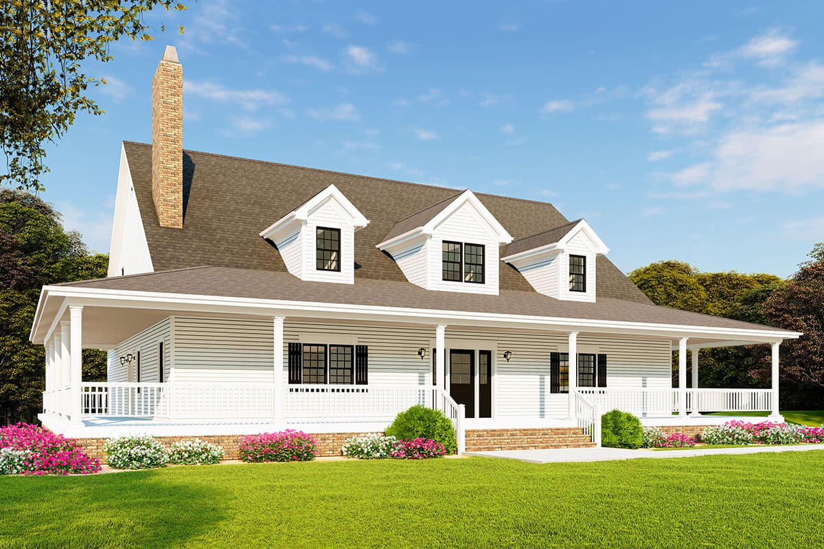 House plan exterior: two-story Modern Farmhouse with wraparound porch, prominent brick chimney, and three dormers.