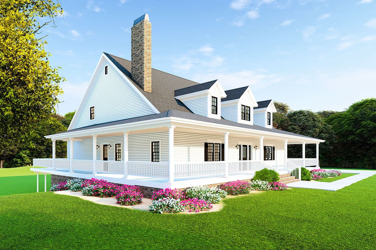 House plan exterior: two-story Modern Farmhouse with wraparound porch, multiple gables, and stone chimney.