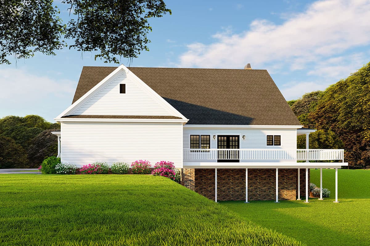 House plan exterior, two-story Modern Farmhouse with gabled dormer, white siding, wrap-around deck, and brick foundation.