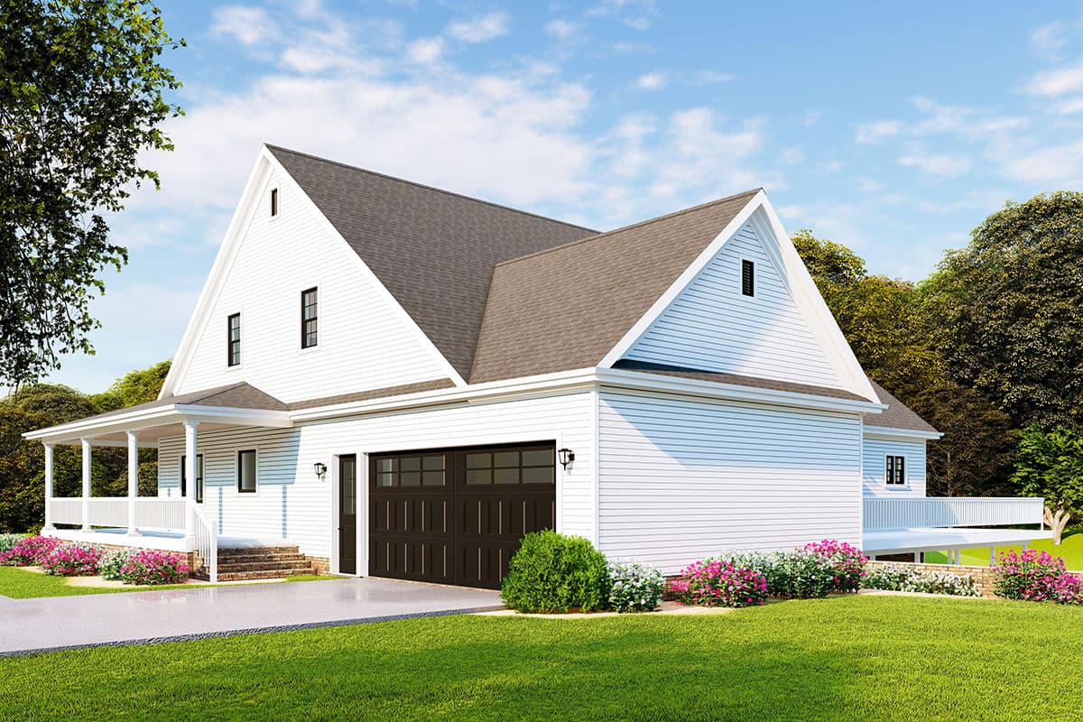 House plan exterior featuring a two-story Modern Farmhouse style with a wrap-around porch, side-entry garage, and prominent gables.
