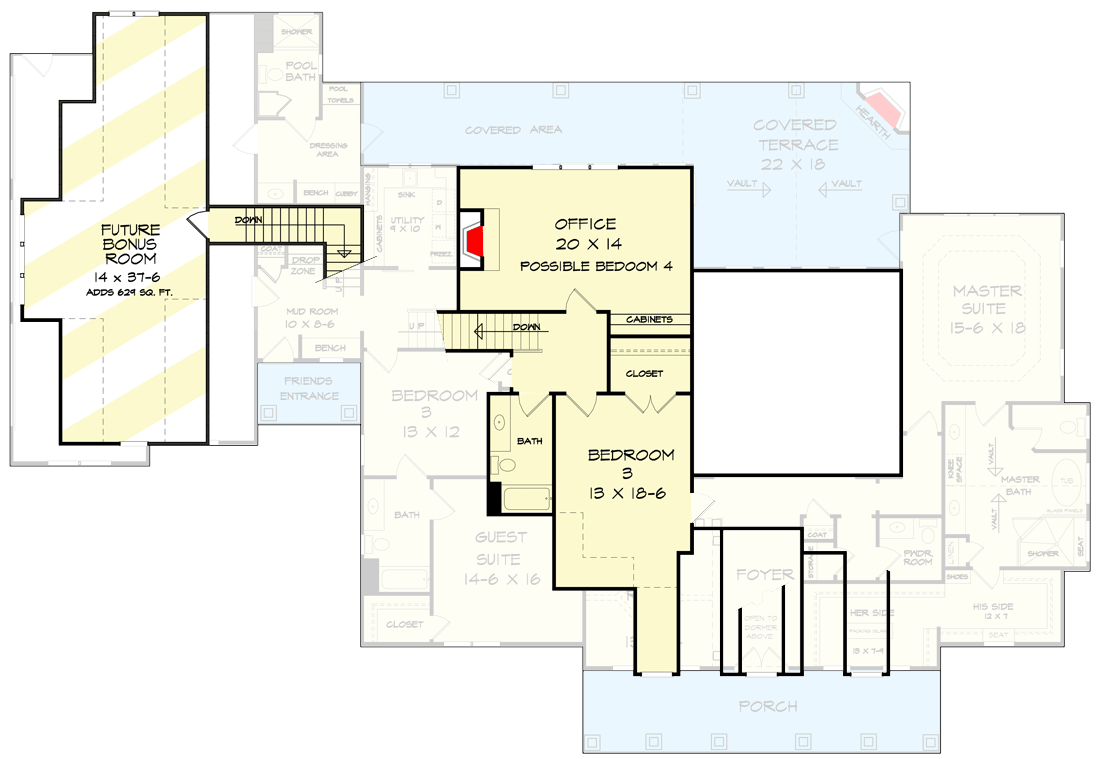 Plan 360026DK: Country Home Plan with Bonus Space Above Garage - Floor Plan - 2nd Floor - Craftsman, New American, Southern, Traditional