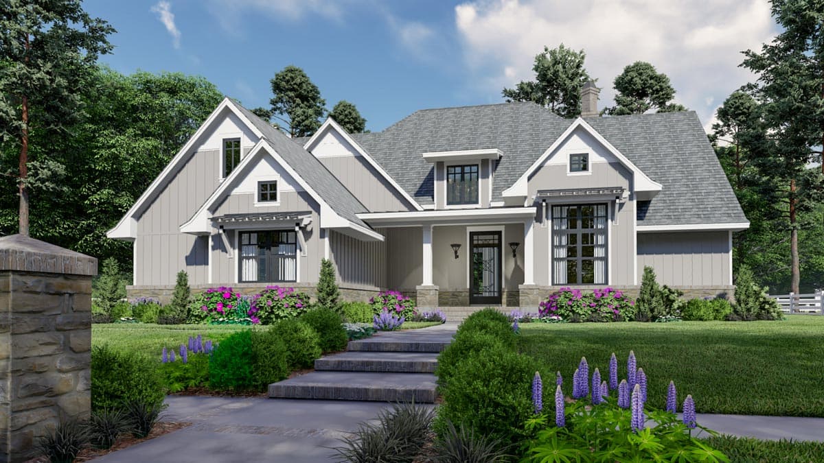 House plan exterior of a two-story Modern Farmhouse with a covered porch, gables, and vertical siding.