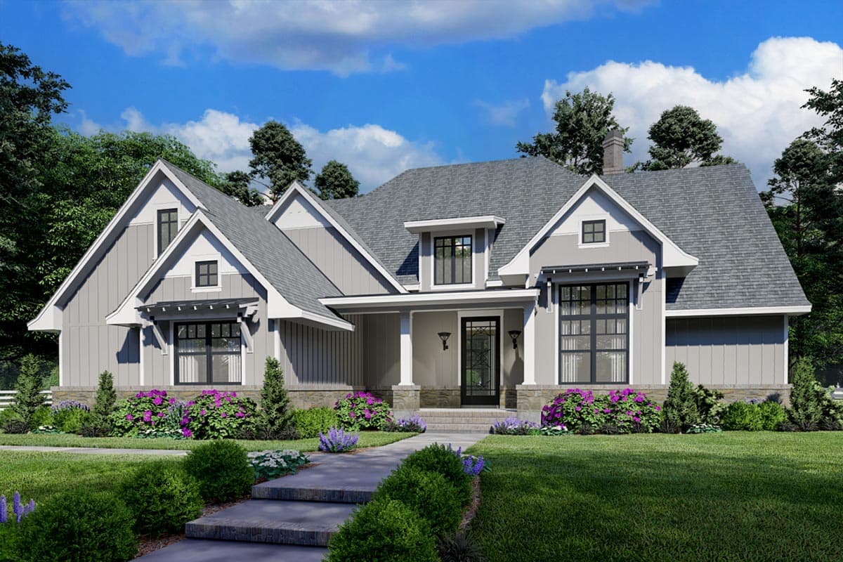 House plan exterior. Craftsman style, one-story home with gables, a covered porch, and a dormer. Gray siding and a pathway to the front door.