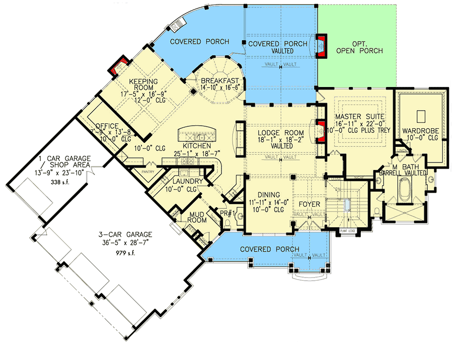 Plan 25662GE: Striking One-Story Southern House Plan with Expansive Lower Level - Floor Plan - Main Level - Craftsman, Southern, Traditional