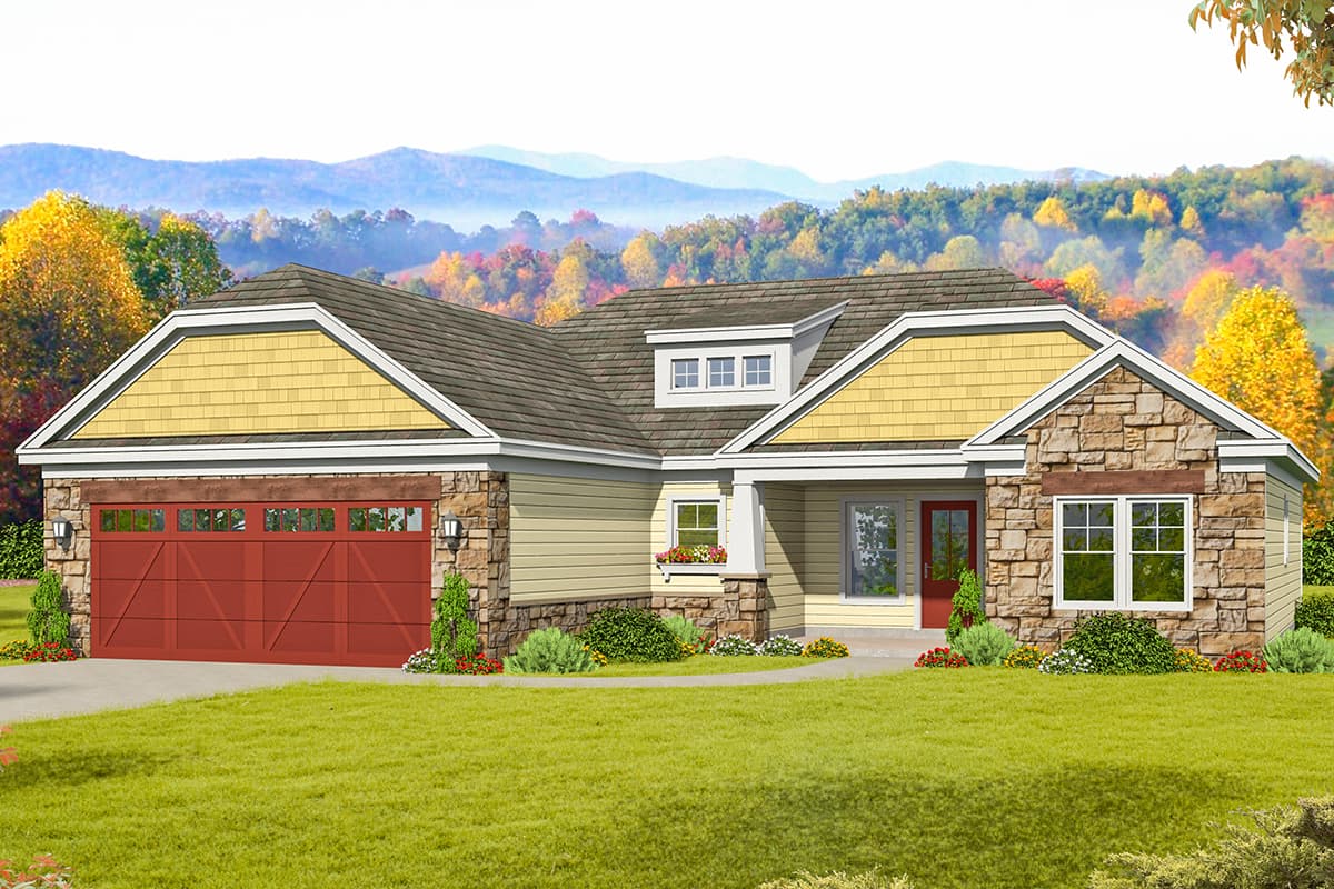 House plan exterior featuring Craftsman style with a stone facade, gabled roof, dormer, and attached garage. One story.