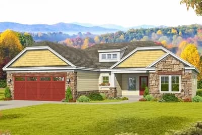 One-Story Country Craftsman Home Plan with Split Bedroom Layout