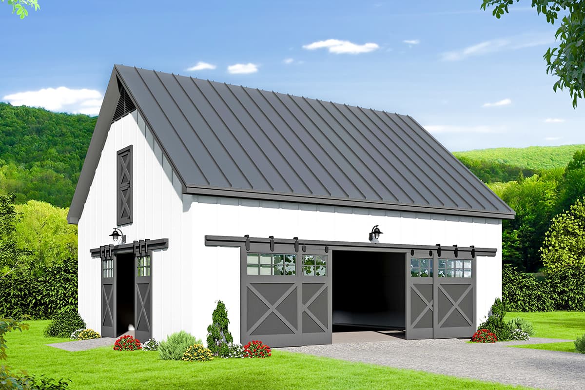 House plan exterior. One-story barn-style structure with metal roof, open garage bay, and sliding barn doors. Features gable and dormer detail.