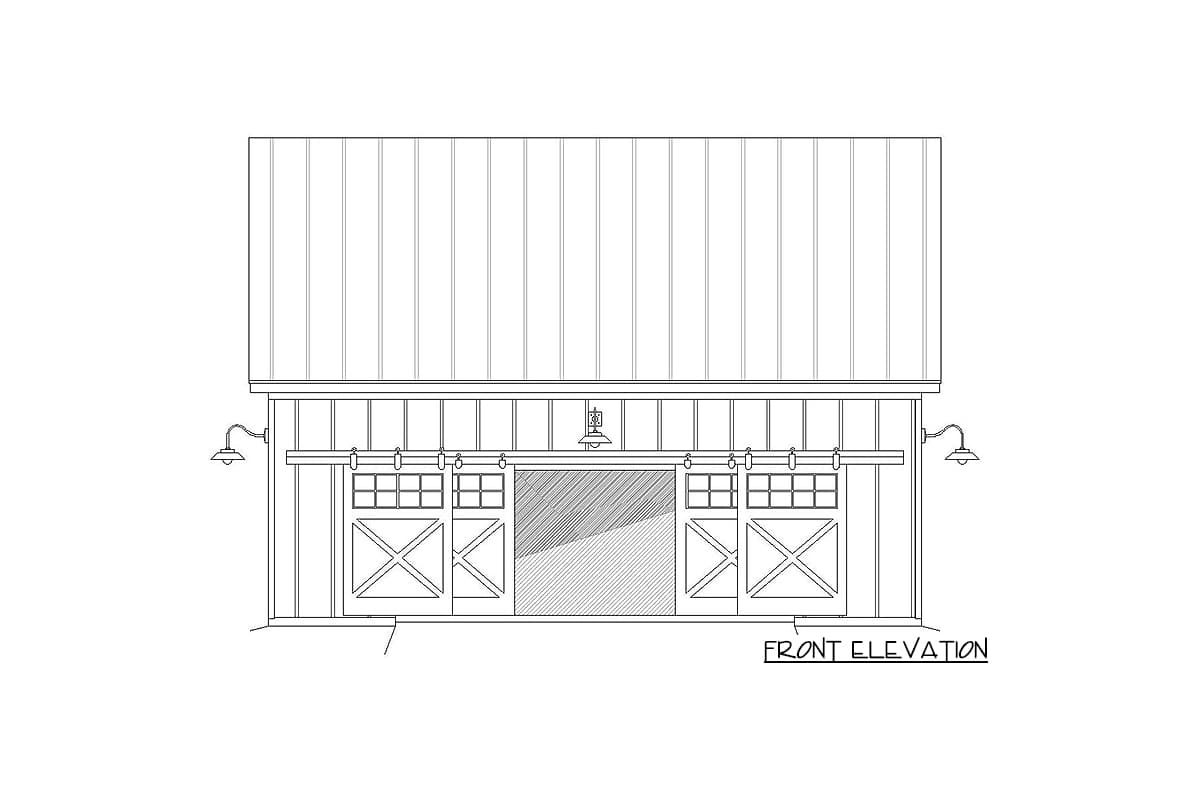 Front elevation drawing of a building with a metal roof, vertical siding, and two large sliding barn doors with x-bracing.