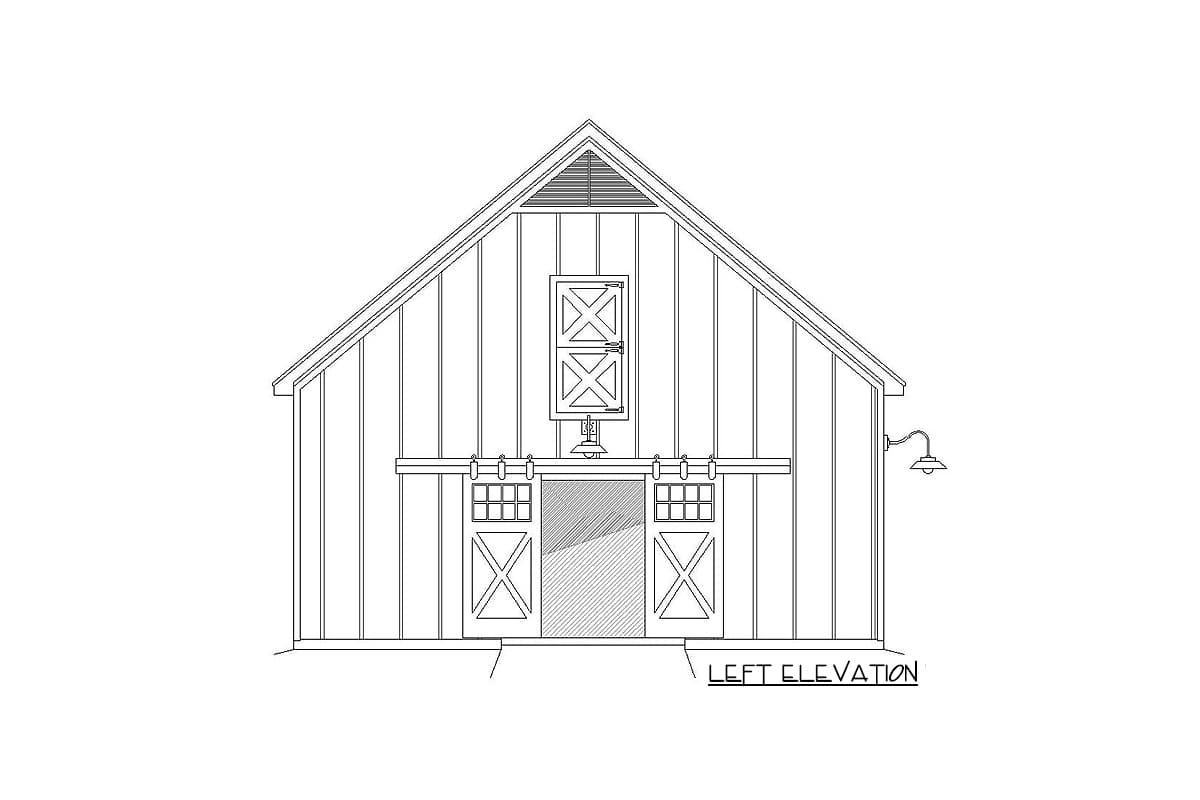 Left elevation drawing of a barn-style house plan with board and batten siding, double barn doors, and a gable vent.
