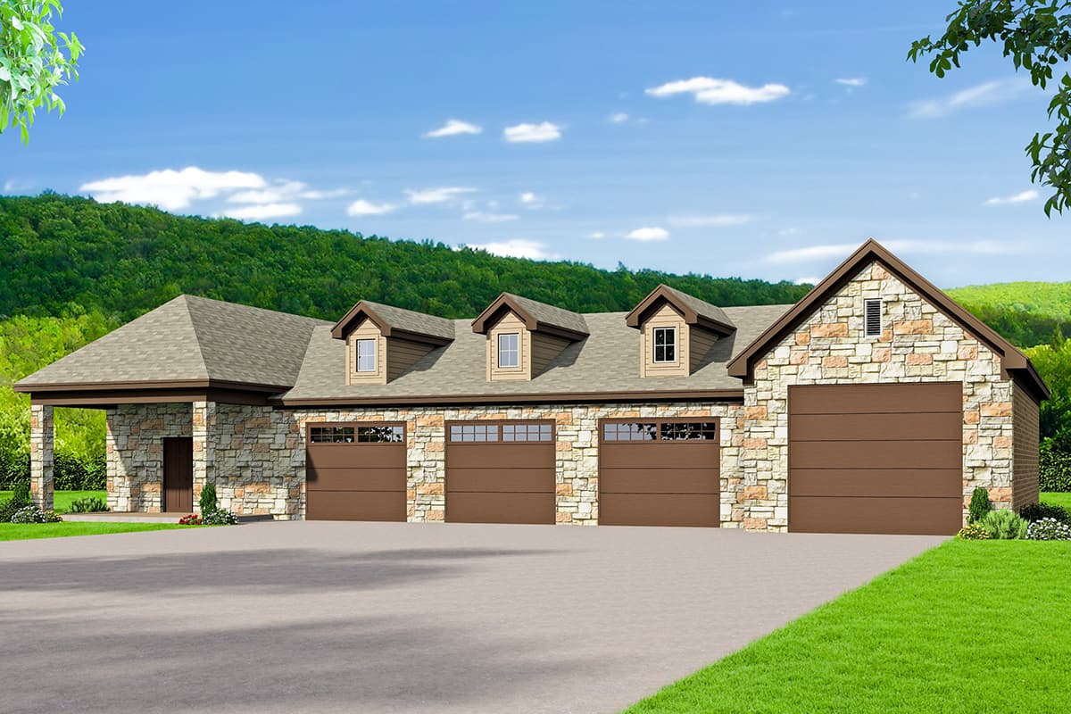 House plan exterior with stone veneer facade, multiple dormers, and a three-car garage. Features a gabled roof and a covered porch.