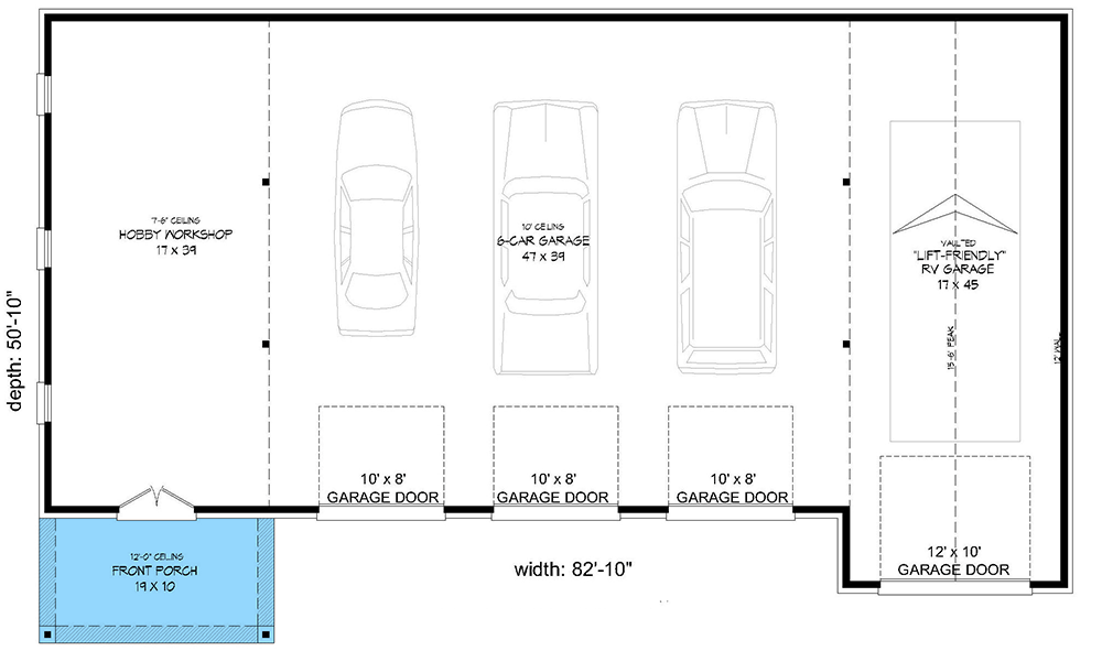 Plan 68582VR: 4-Car Detached Garage Plan with RV Parking and Workshop - Floor Plan - Main Level - Country, Farmhouse