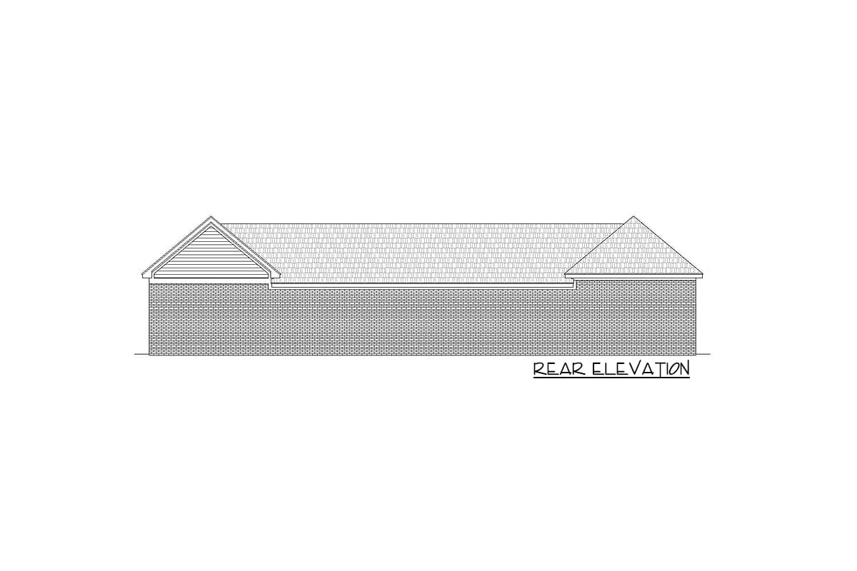 Rear elevation drawing of a house with brick exterior, gable end with horizontal siding, and hip roof.