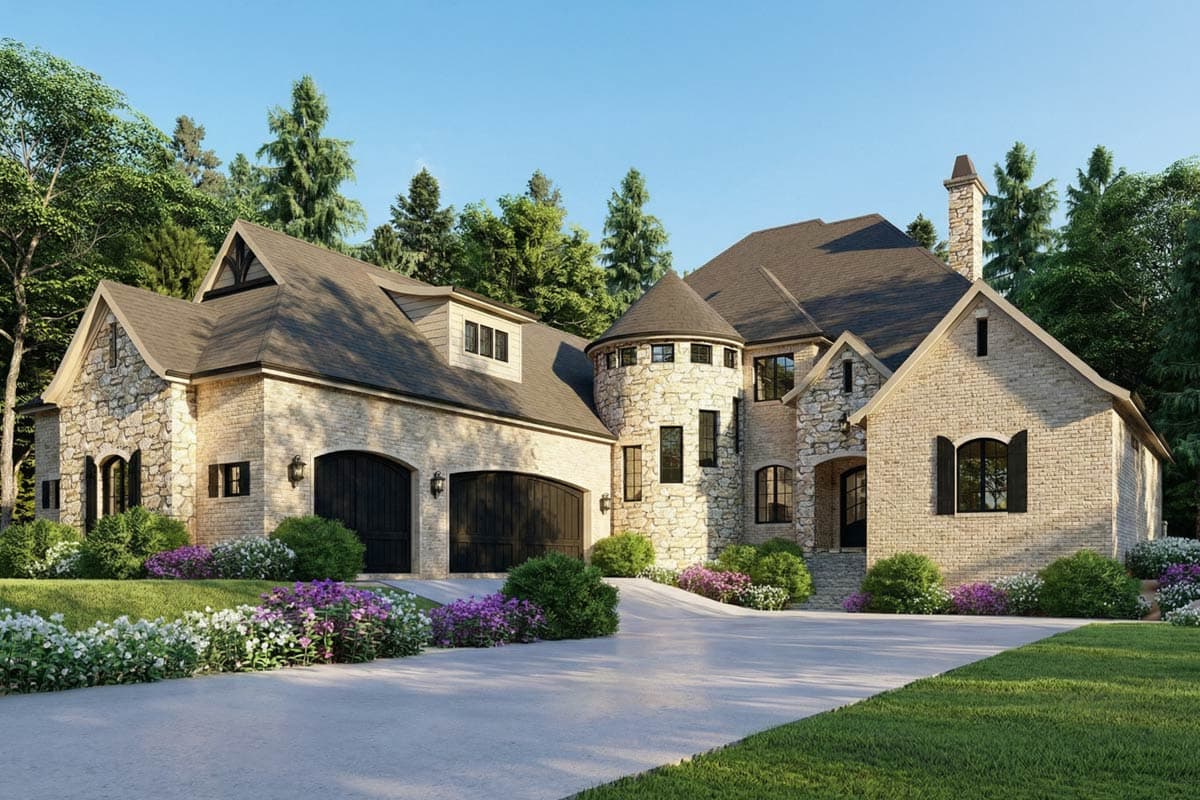 House plan exterior: Stone and brick construction, multi-level rooflines, round tower, arched garage doors, and gables.