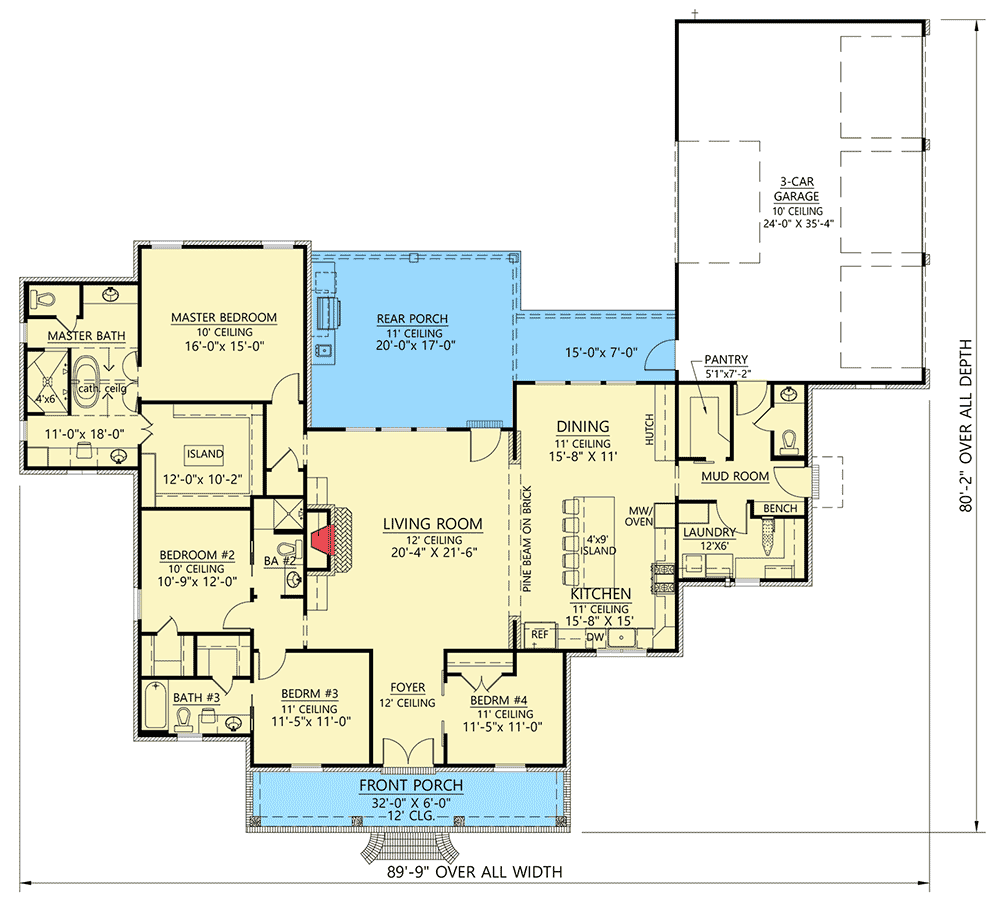 Plan 56436SM: Four-Bed Southern Home Plan with Grilling Porch - 2553 Sq Ft - Floor Plan - Main Level - Acadian, European, French Country, Louisiana-Style, Southern