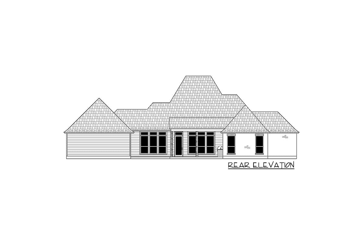 Rear elevation house plan drawing with multiple gables, horizontal siding, and numerous windows.