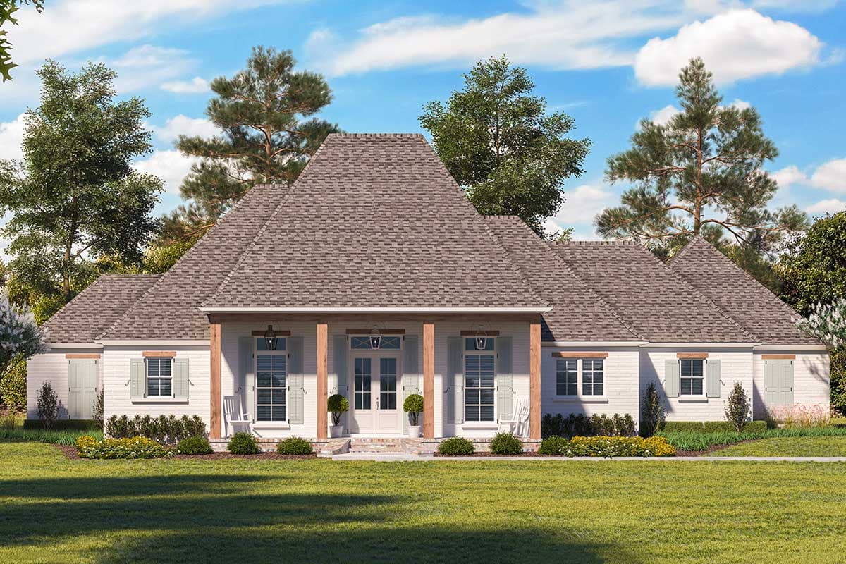 House plan exterior. Single-story, with a gabled roof. Features include a front porch, wood columns, and multiple windows with shutters.