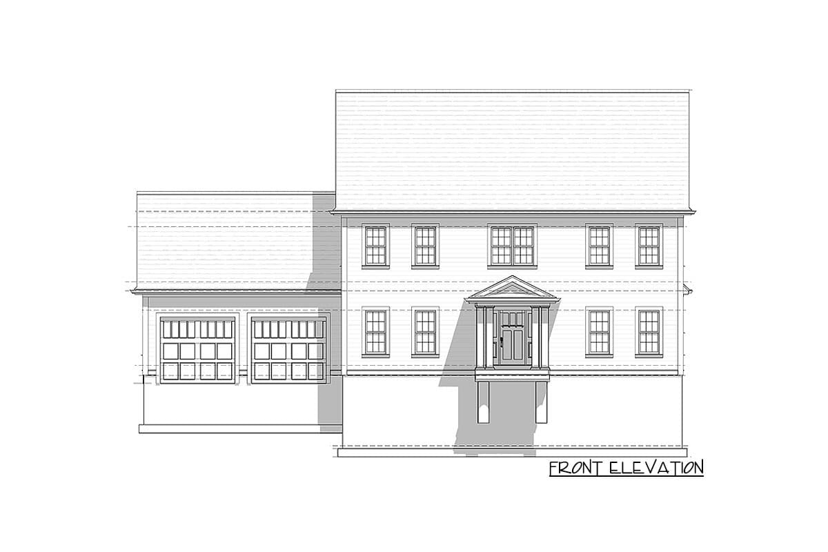 Front elevation drawing of a two-story house with a portico, symmetrical window placement, and a side-facing three-car garage.