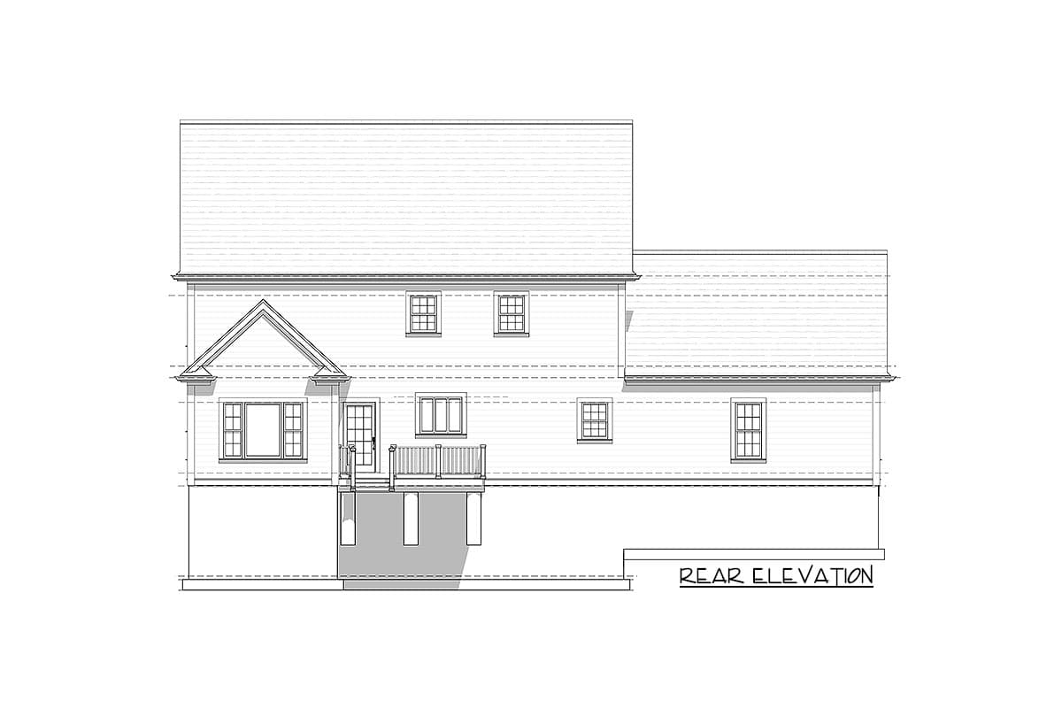 Rear elevation drawing of a two-story house plan with a gabled dormer, deck, and multiple windows.