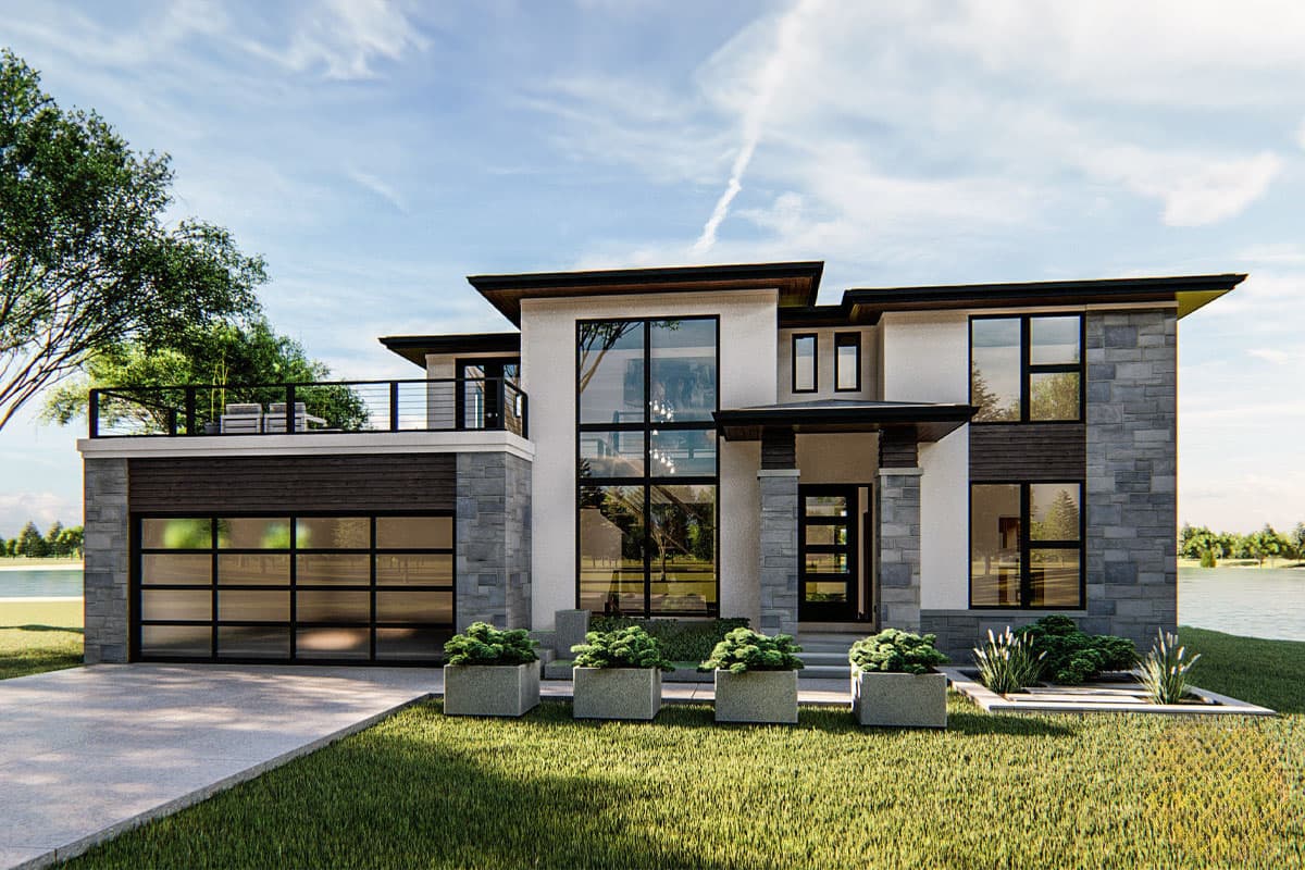 House plan exterior. Modern style, two-story home with flat roof. Features include a glass garage door, stone accents, and a balcony with railing.