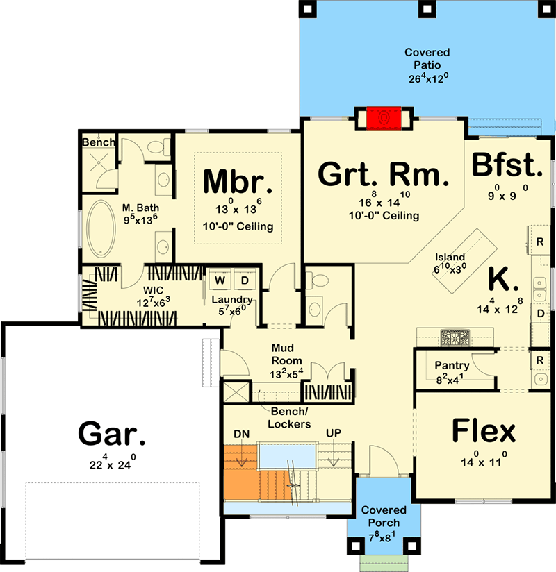 Plan 62749DJ: 4-Bed Modern Prairie-Style House Plan with Massive Balcony Over Garage - 2499 Sq Ft - Floor Plan - Main Level - Mid Century Modern, Modern, Northwest, Prairie