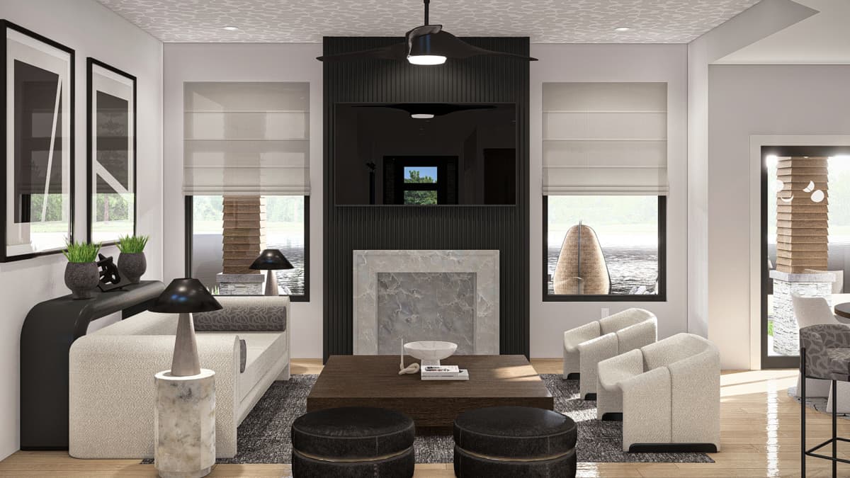 Living room interior rendering with fireplace, television, seating, and decorative ceiling.