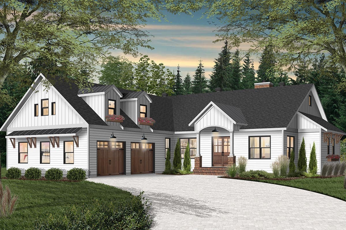 House plan exterior. Modern Farmhouse style with two stories, gables, dormers, and a two-car garage. Features a covered entry and porch.