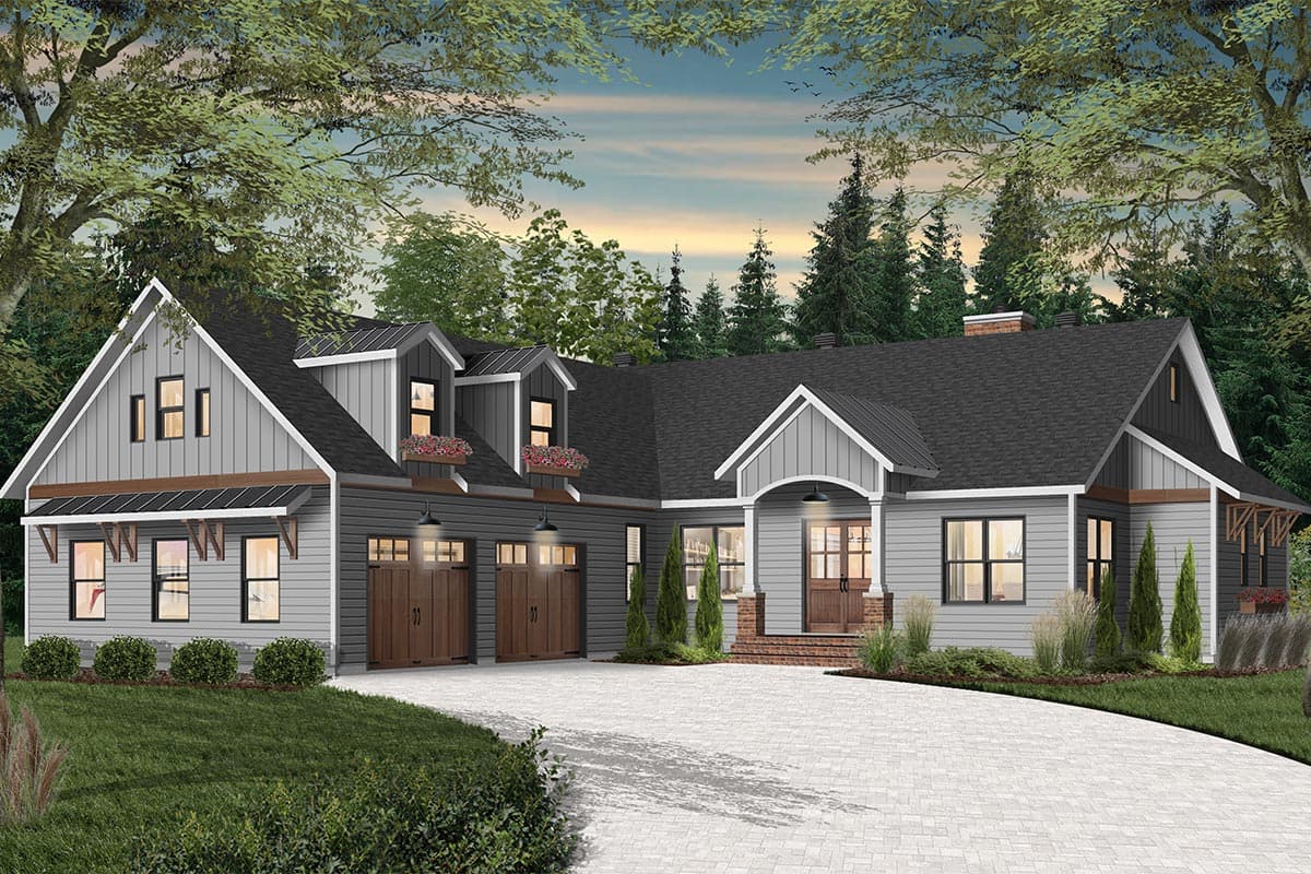 House plan exterior: Modern Farmhouse style, one story with a two-car garage, gabled dormers, and covered front porch.